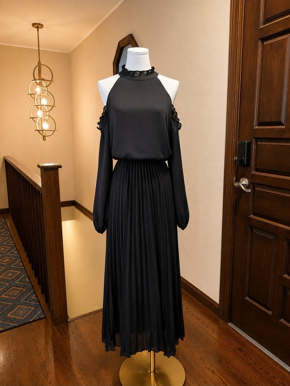 City Chic Black Cold-Shoulder Pleated Maxi Dress